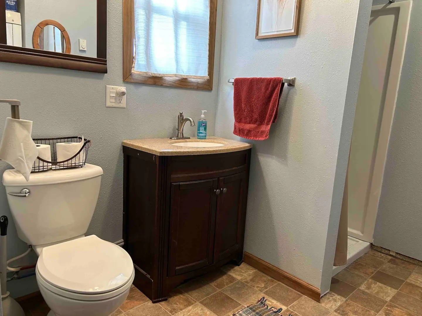The bathroom with a dark wood vanity, mirror, toilet and a walk-in shower